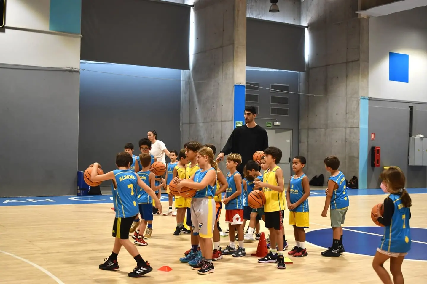 Grupo de alumnos practicando fundamentos de baloncesto en pista interior durante el Campus Santi Aldama, destacando el uso de material deportivo profesional